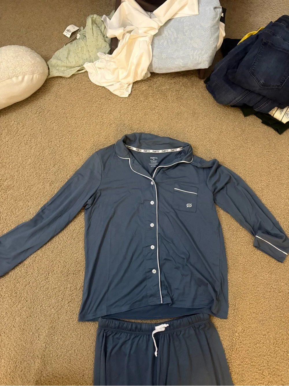 Born Navy Blue Long Sleeve Button Pajama Set with Contrast Piping